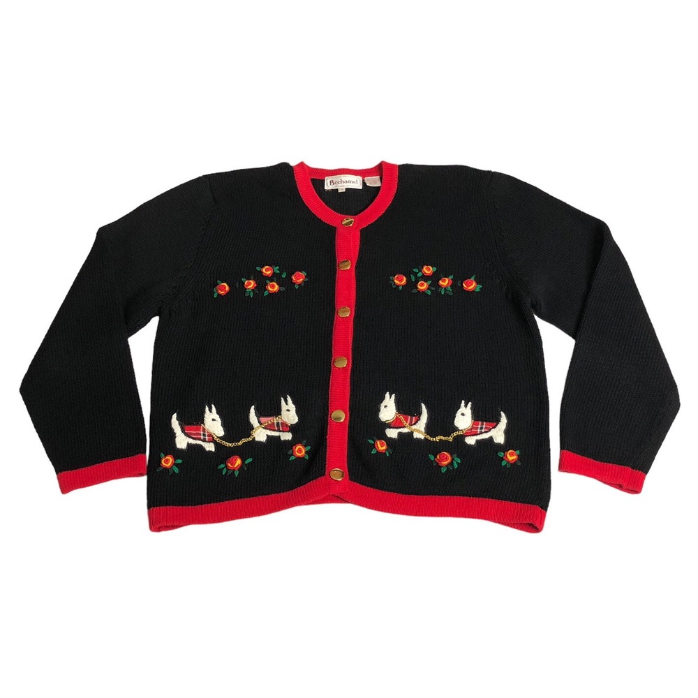 Vintage Bechamel Cardigan Sweater Womens L Black Terrier Dog‎ Floral Embroidered